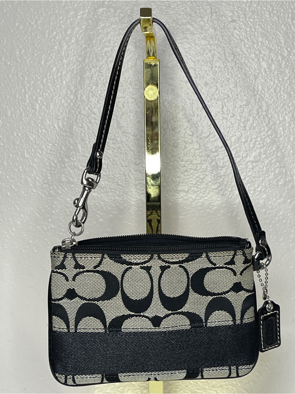 Coach Black and Grey Signature Wristlet with Leather Strap